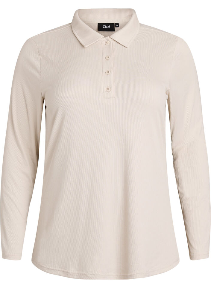 Poloshirt aus weichem Ripp mit langen Ärmeln, Beige, Packshot image number 0