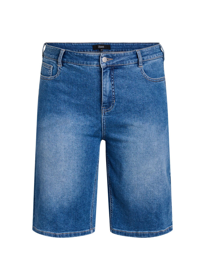 Hoch taillierte Bermuda Shorts aus Denim, Blau, Packshot image number 0