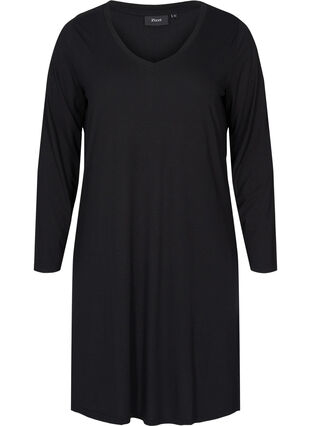 Einfarbiges Kleid mit V-Ausschnitt und langen Ärmeln, Black, Packshot image number 0