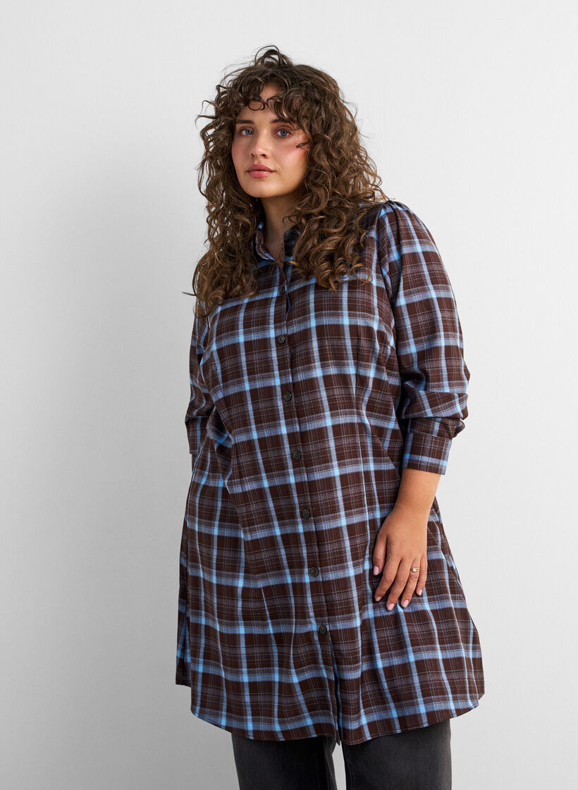 Knielanges Hemdblusenkleid mit Karomuster, Braun, Model image number 0