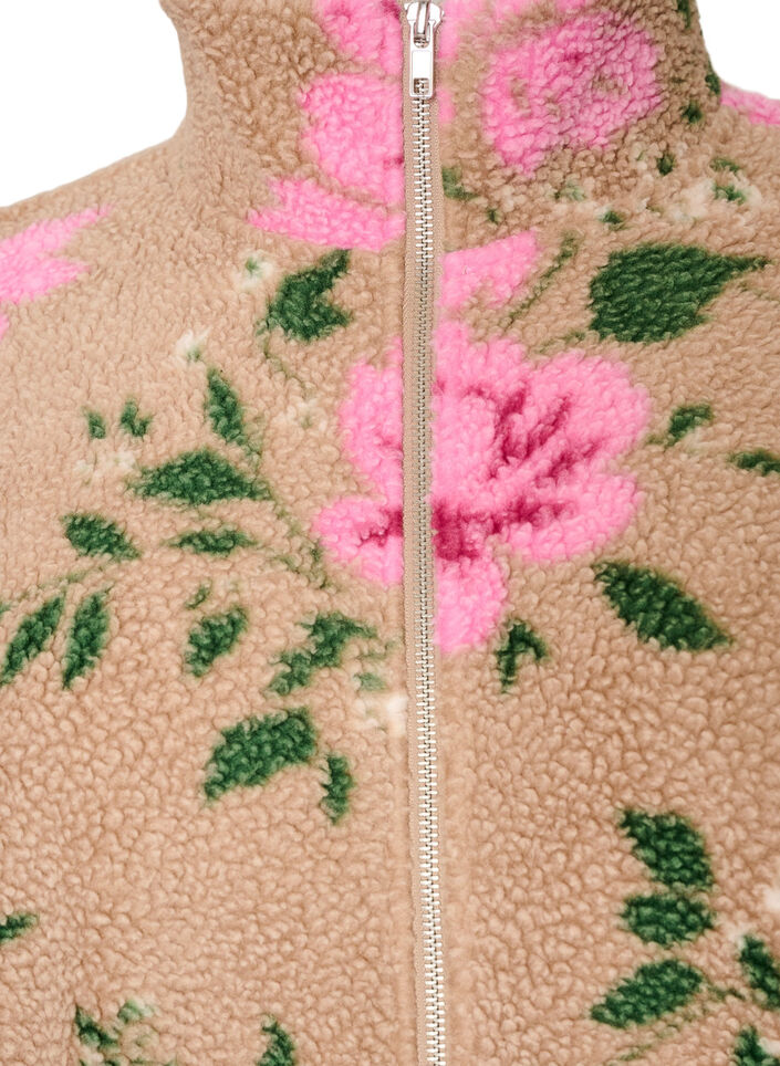Gebl&uuml;mte Fleecejacke mit hohem Kragen und Rei&szlig;verschluss, Beige, Packshot image number 2