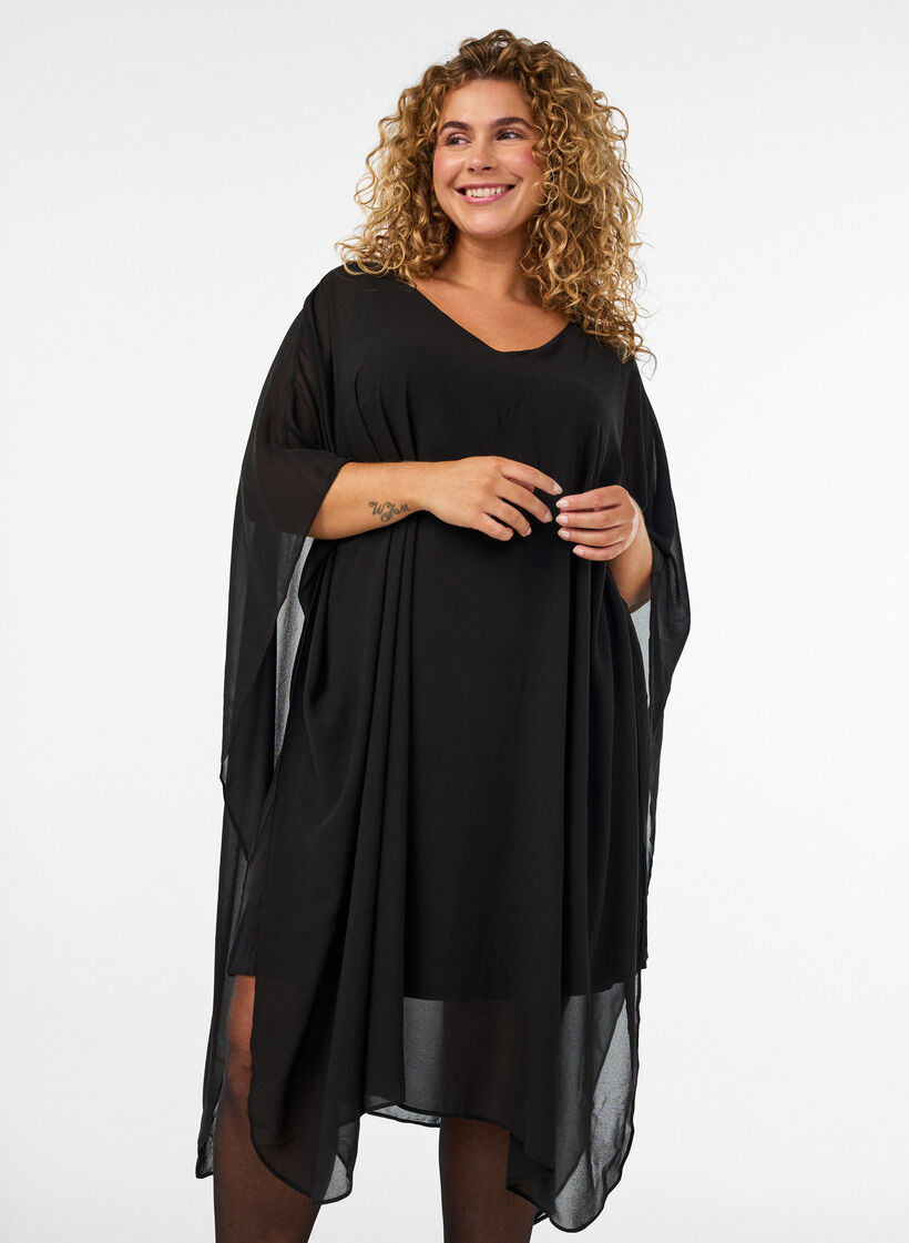 Kurzes Chiffonkleid mit V-Ausschnitt, Schwarz, Model image number 2