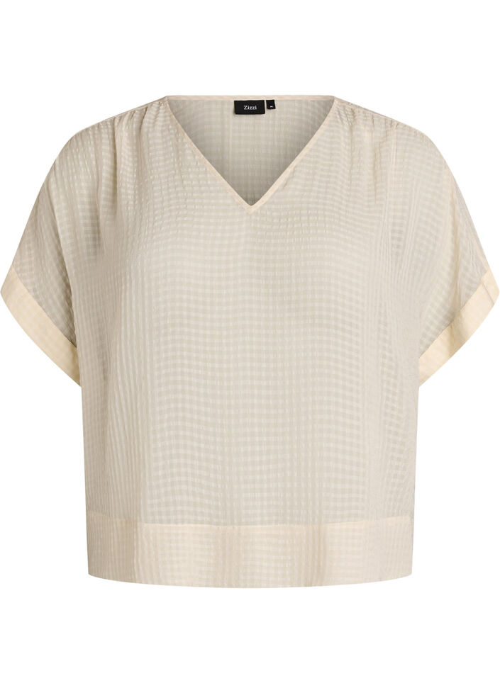 Bluse aus Seersucker mit V-Ausschnitt, Beige, Packshot image number 0