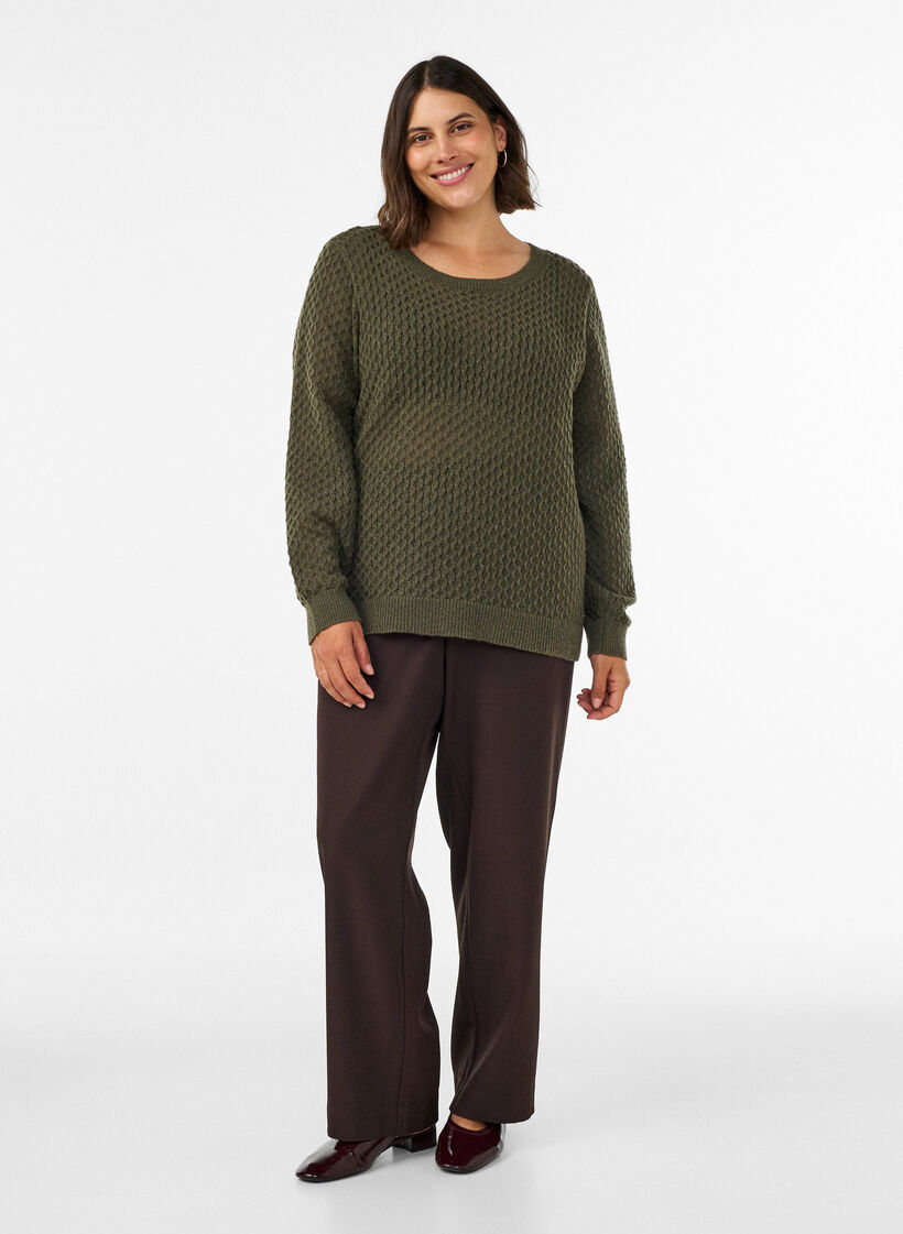 Strickbluse mit strukturiertem Lochmuster, Gr&uuml;n, Model image number 1