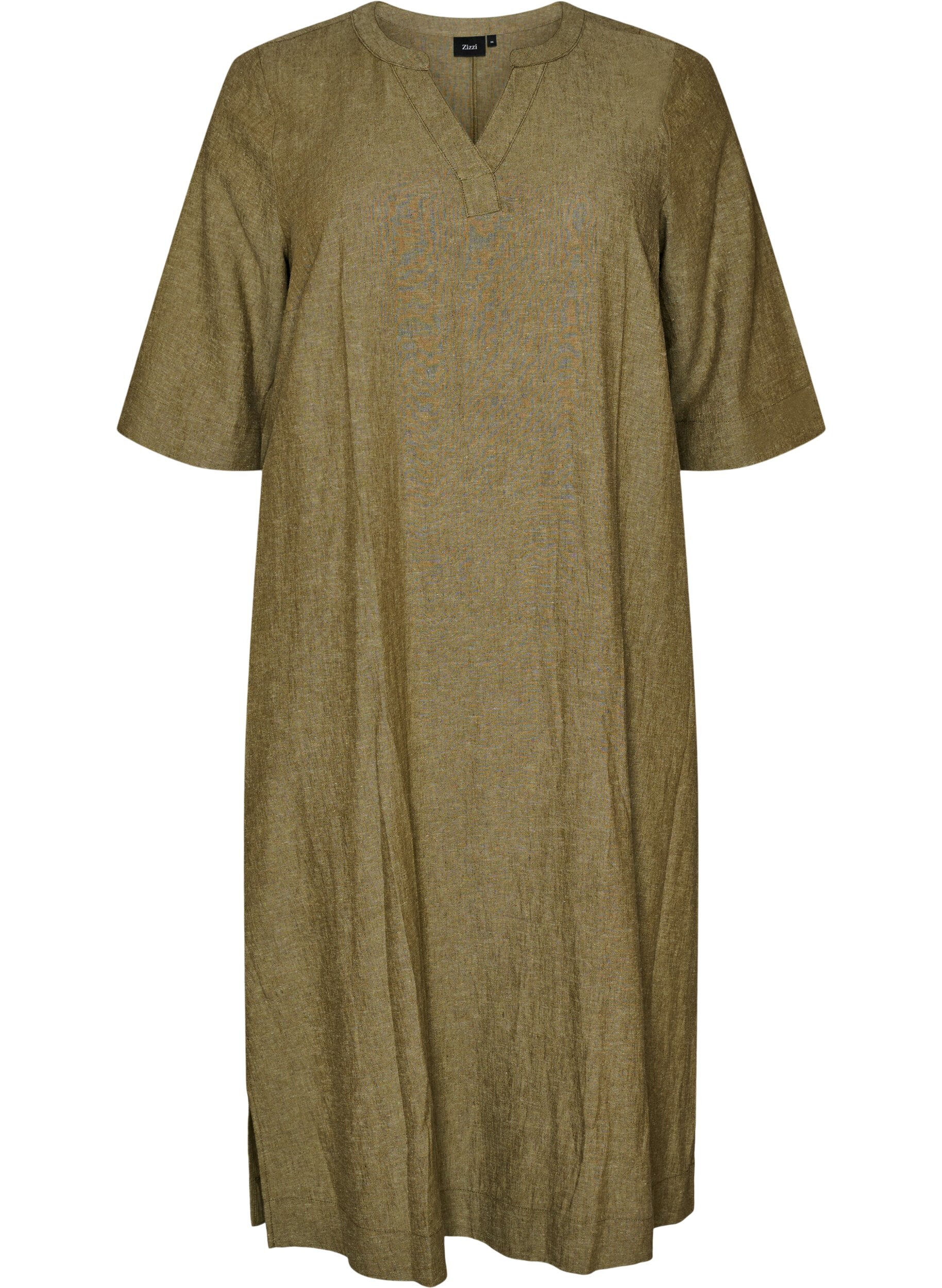 Midikleid aus Leinen und Viskose mit 1/2-&Auml;rmeln
