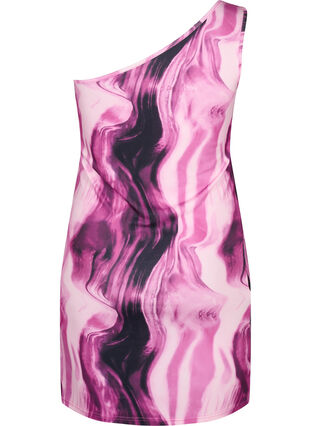 Eng anliegendes One-Shoulder Kleid mit Print, Raspberry Rose AOP, Packshot image number 1