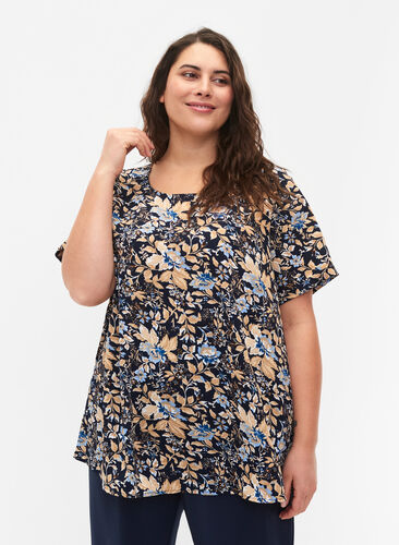 FLASH – Kurzärmelige Bluse mit Print, Brown Blue Flower, Model image number 0