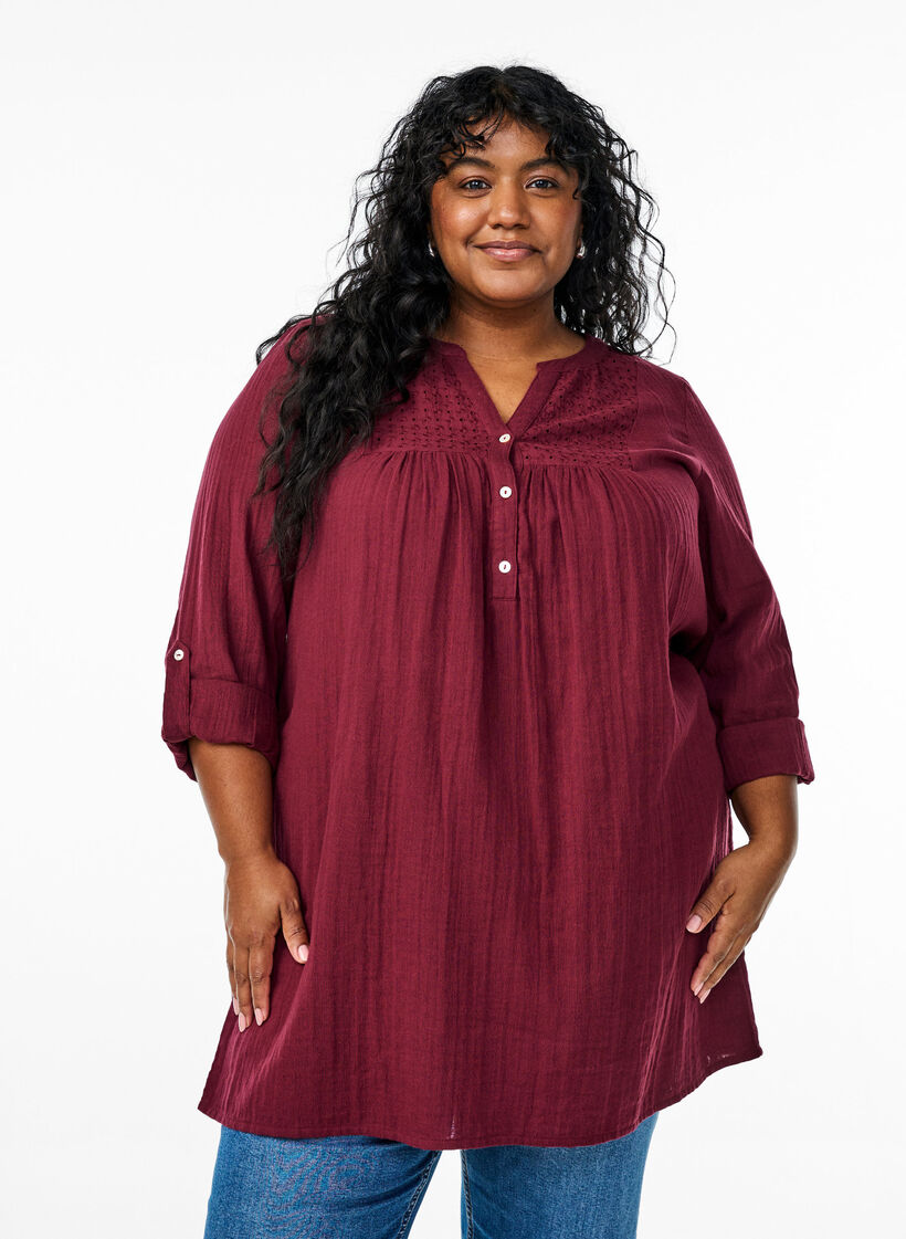 Tunika aus Baumwollmusselin mit Broderie Anglaise, Dunkles Bordeaux, Model image number 0