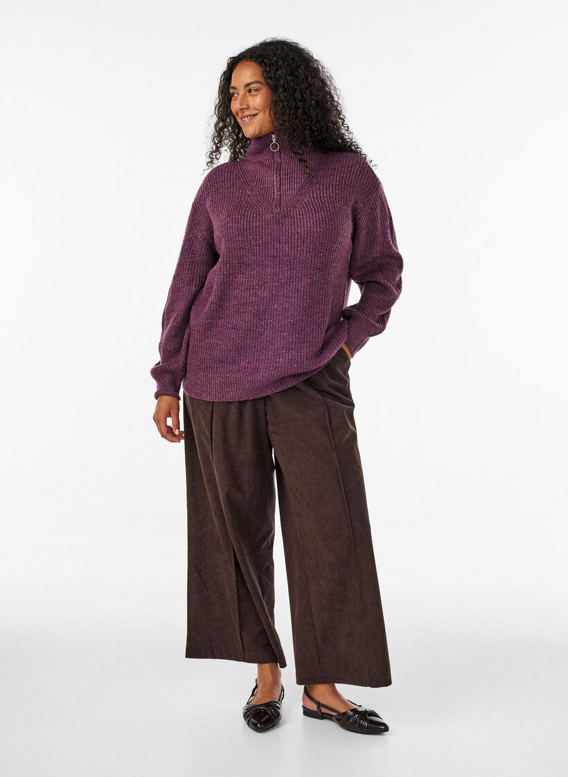 Strickpullover mit hohem Kragen und Rei&szlig;verschluss, Lila, Model image number 1