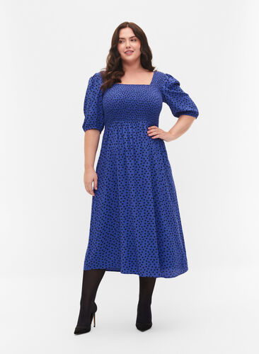 Gepunktetes Kleid aus Viskose mit Smock, R.Blue w. Black Dot, Model image number 0