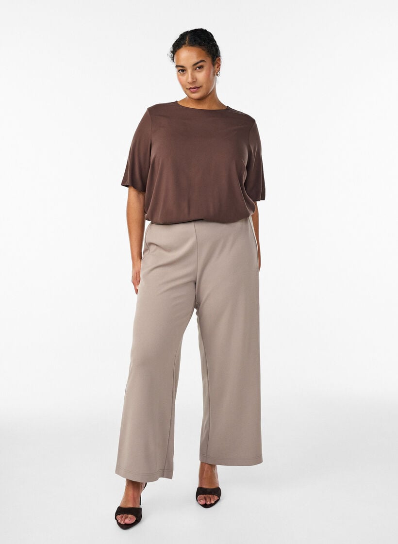 FLASH &ndash; Kurz&auml;rmelige, gewebte Bluse mit Rundhals, Braun, Model image number 1