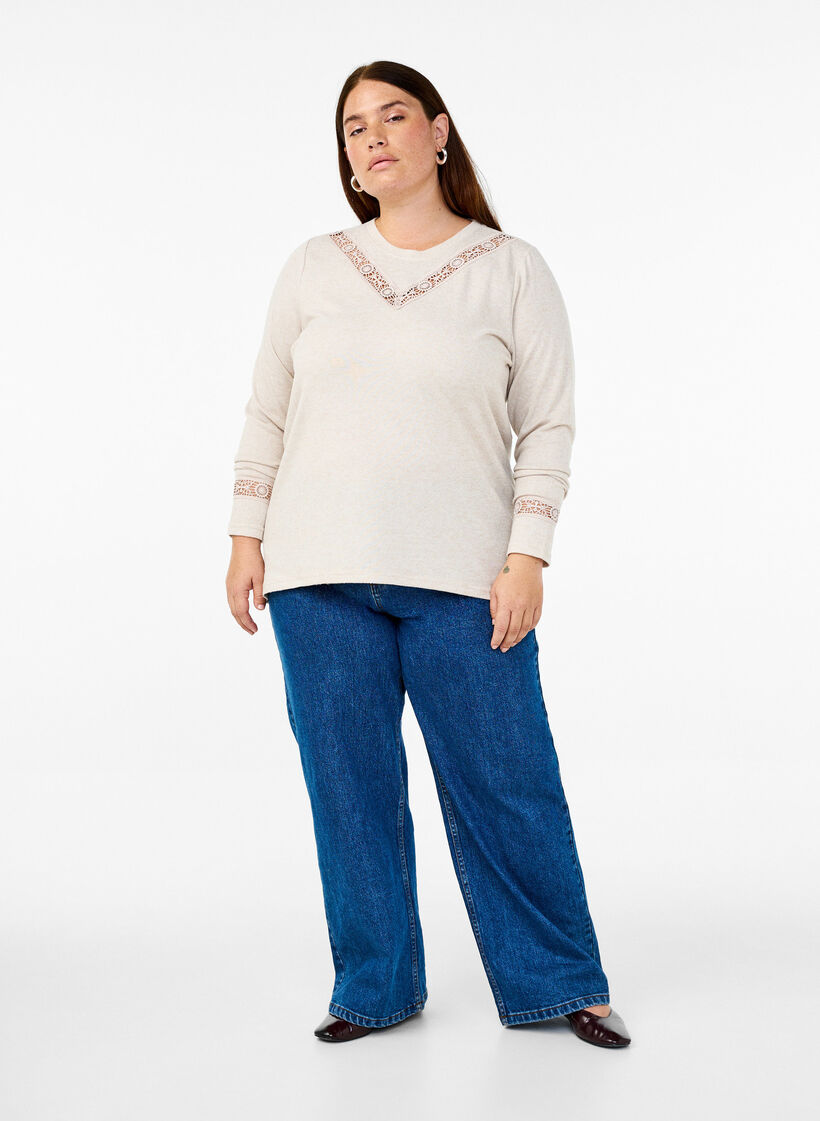 Bluse mit Stickereidetails und langen Ärmeln, Beige, Model image number 1