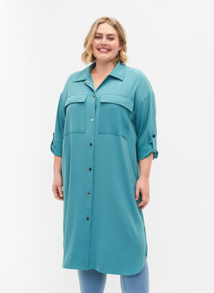 Lange Hemdjacke mit Knopfverschluss, Brittany Blue, Model image number 0