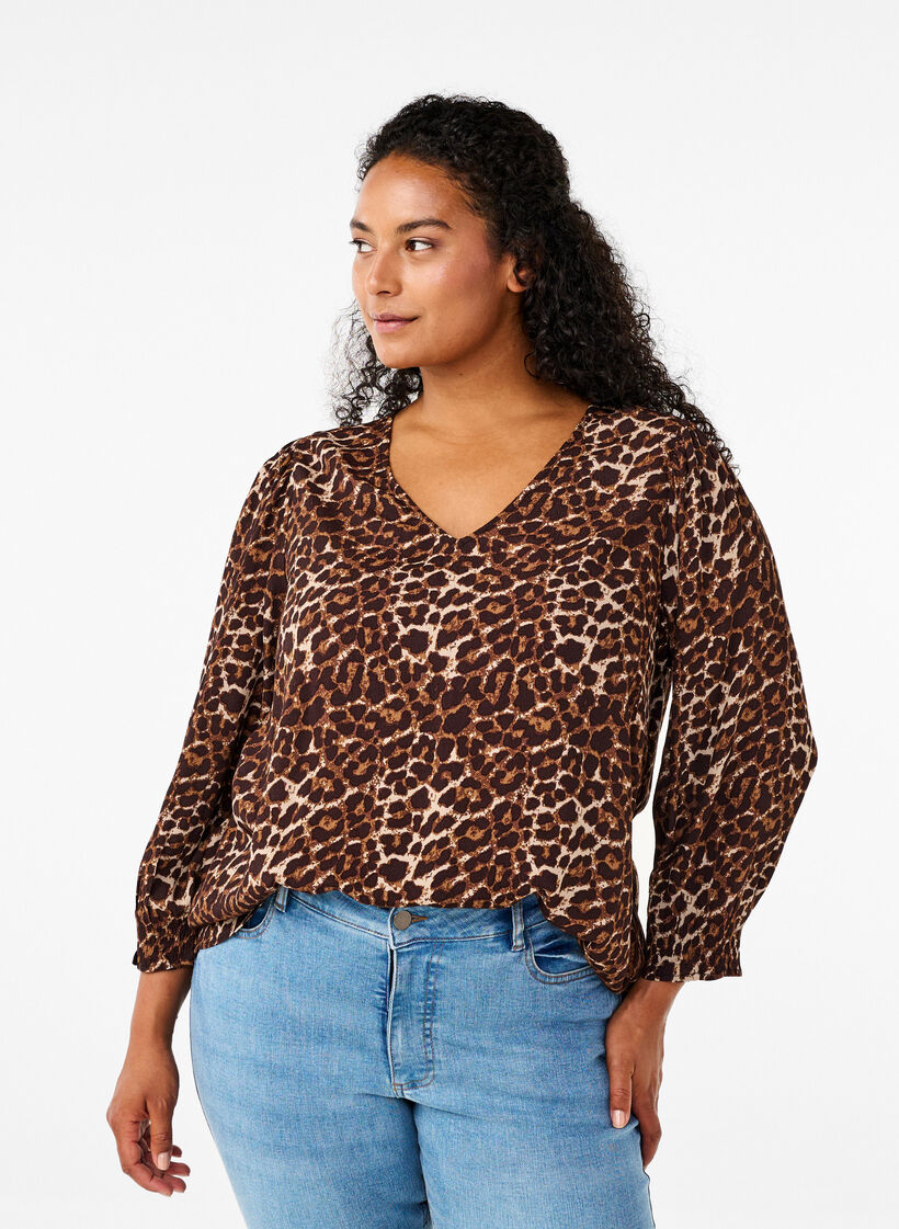 Bluse mit Leopardenmuster und 3/4-Ärmeln, Leo AOP, Model image number 0