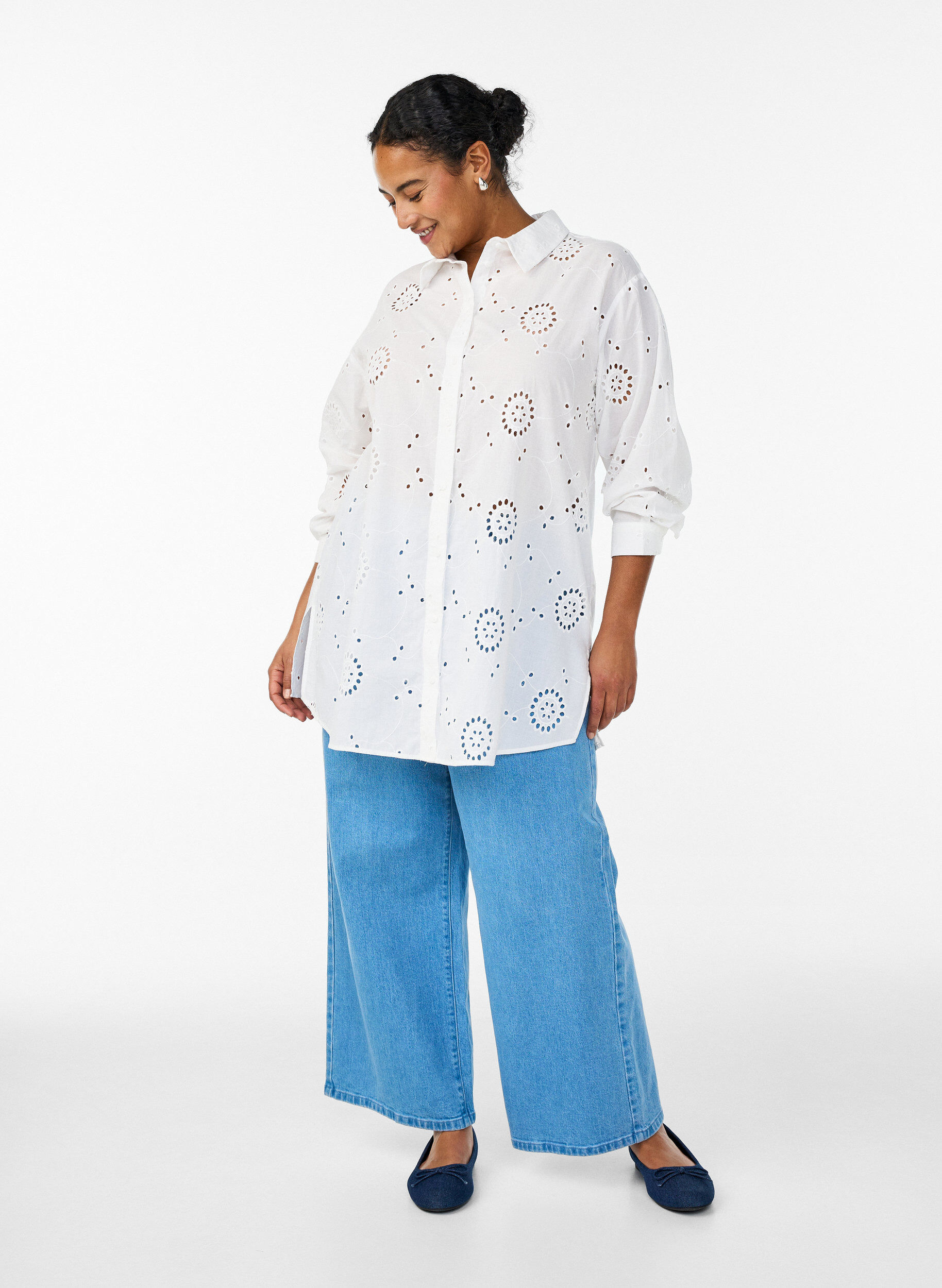 ZizziTunika aus Baumwolle mit Broderie Anglaise, Wei&szlig;, Model image number 1