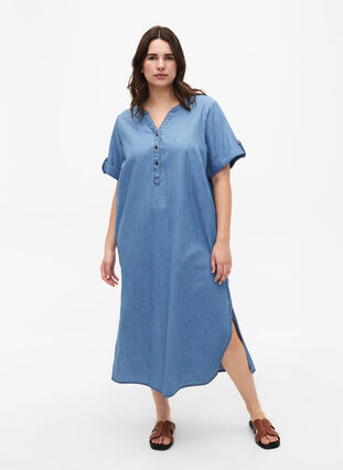 Jeanskleid mit Schlitz und kurzen Ärmeln, Blue denim, Model image number 0