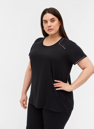 Kurzarm T-Shirt aus Baumwolle mit Nieten, Black, Model image number 0