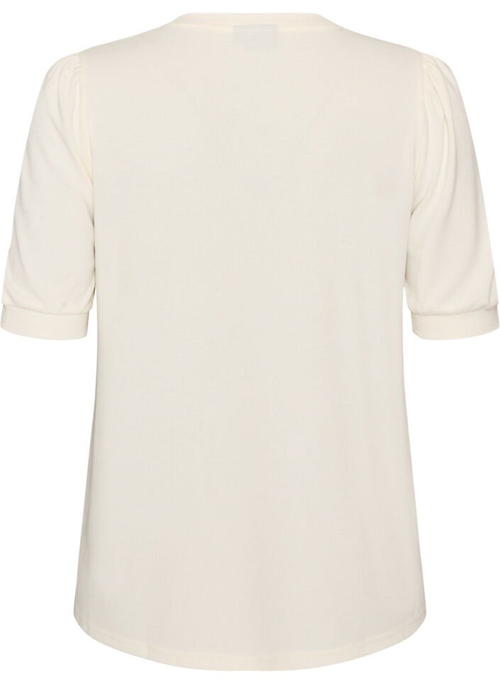 Bluse mit Knopfdetail und kurzen Puff&auml;rmeln, Beige, Packshot image number 1