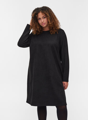 Einfarbiges Kleid mit Rundhalsausschnitt, Black, Model image number 0