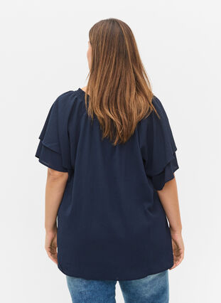 Kurzärmelige Bluse mit V-Ausschnitt, Navy Blazer, Model image number 1