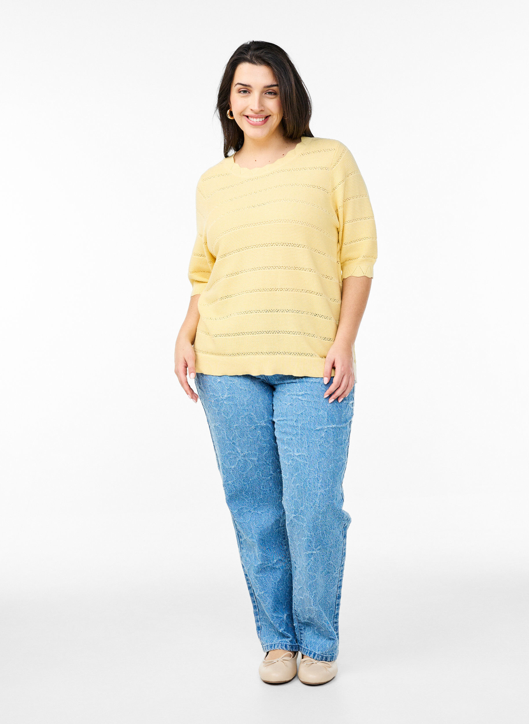 ZizziGestrickte Bluse mit Lochmuster in Streifenoptik und kurzen &Auml;rmeln, Gelb, Model image number 1