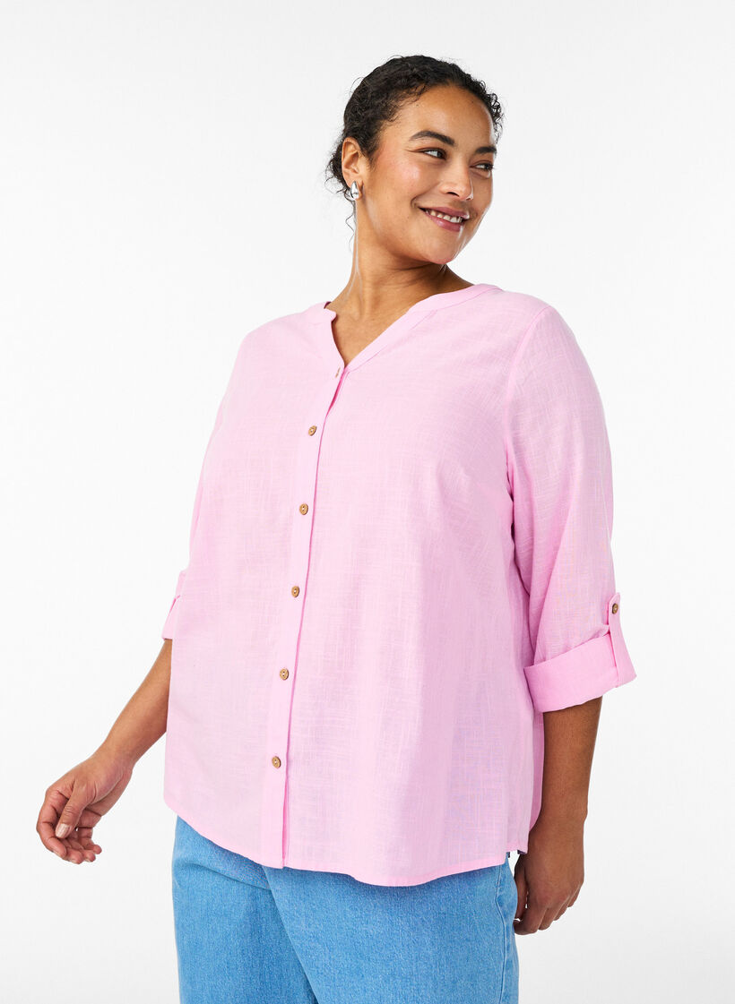 Hemdbluse aus Baumwolle mit V-Ausschnitt, Pink, Model image number 0