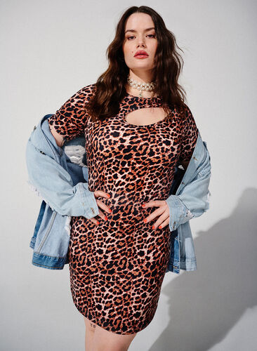 Eng anliegendes Kleid mit Leopardenmuster und Cut-Out, Leopard AOP, Image image number 0