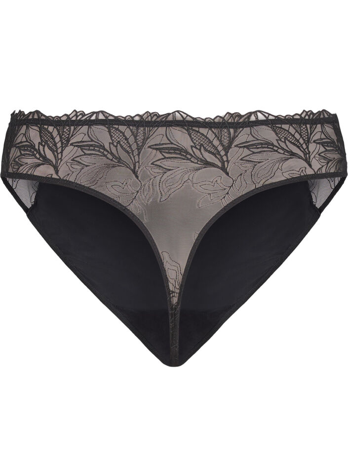 Stringtanga aus Mikrofaser mit Spitzensaum, Schwarz, Packshot image number 1