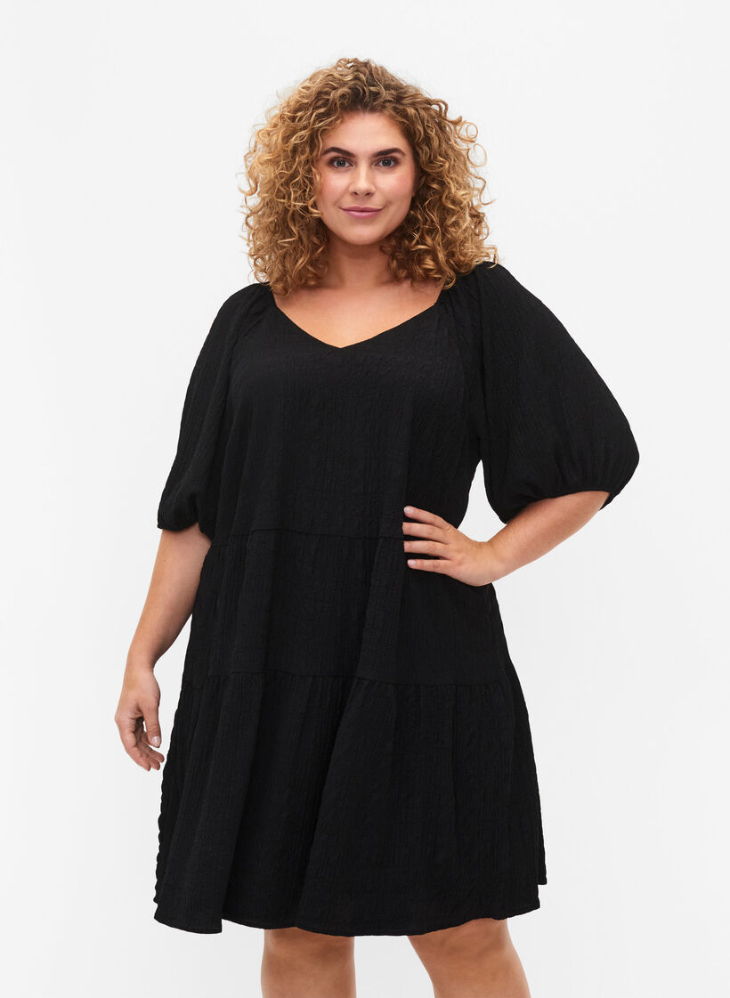 A-förmiges kurzes Kleid mit V-Ausschnitt, Black, Model image number 0