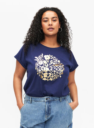 T-Shirt aus Bio-Baumwolle mit Golddruck, Med.Blue Gold Flower, Model image number 0