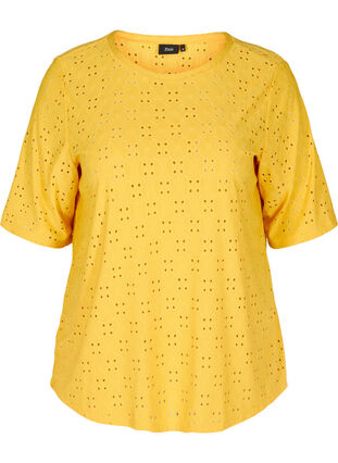 Bluse mit Lochstickerei und 2/4-Ärmeln, Mimosa, Packshot image number 0