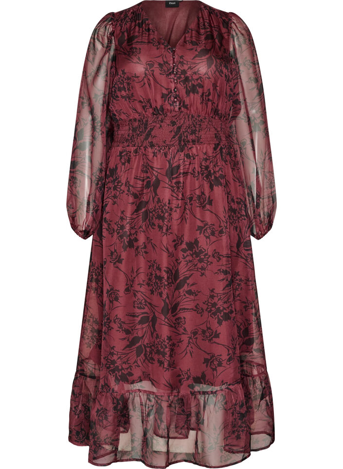 Maxikleid mit floralem Print und Smock, Dunkles Bordeaux, Packshot image number 0