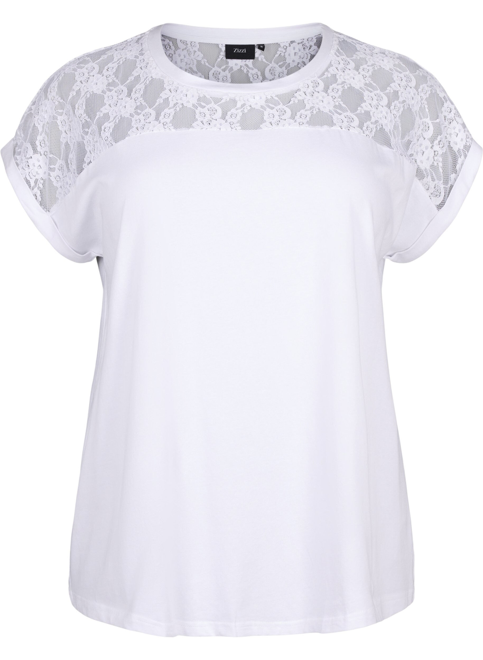 ZizziKurz&auml;rmliges Baumwoll-T-Shirt mit Spitze, Bright White, Packshot image number 0