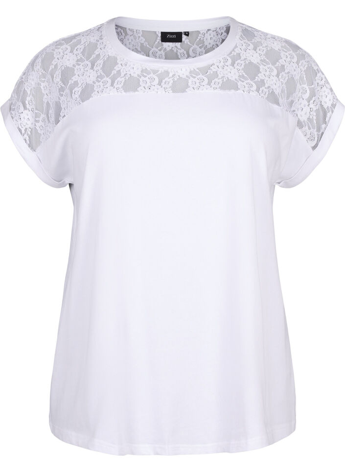 Kurzärmliges Baumwoll-T-Shirt mit Spitze, Bright White, Packshot image number 0