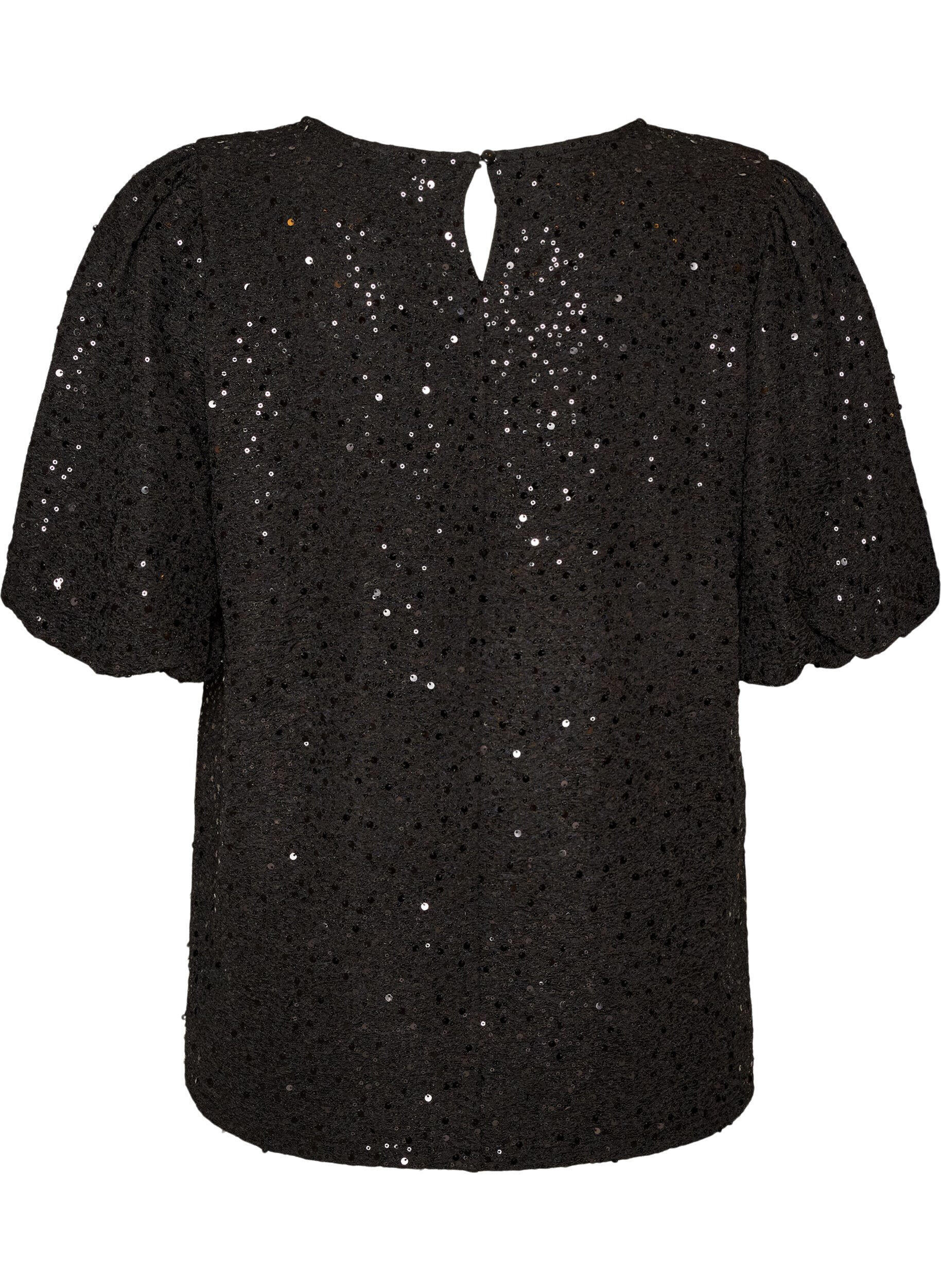 ZizziPaillettenbluse mit Ballon&auml;rmeln, Schwarz, Packshot image number 1