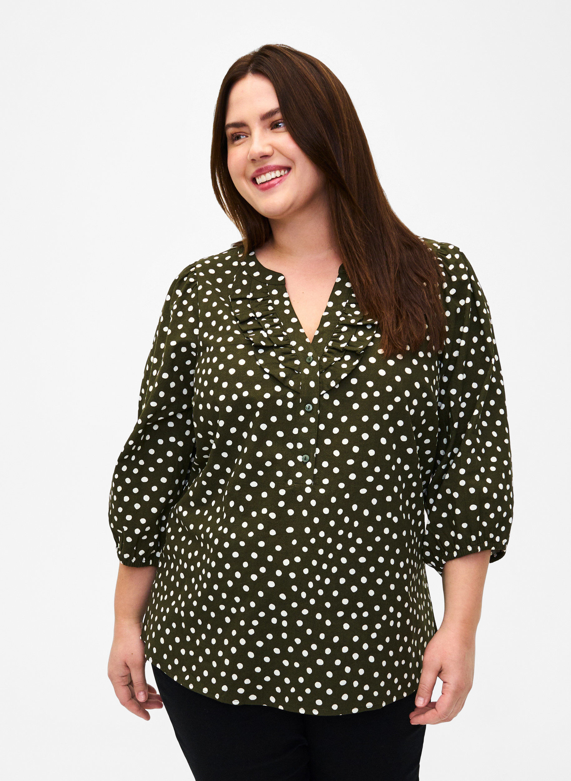 Zizzi Baumwollbluse mit 3/4-&Auml;rmeln und Punkten, Forest Night Dot, Model image number 0