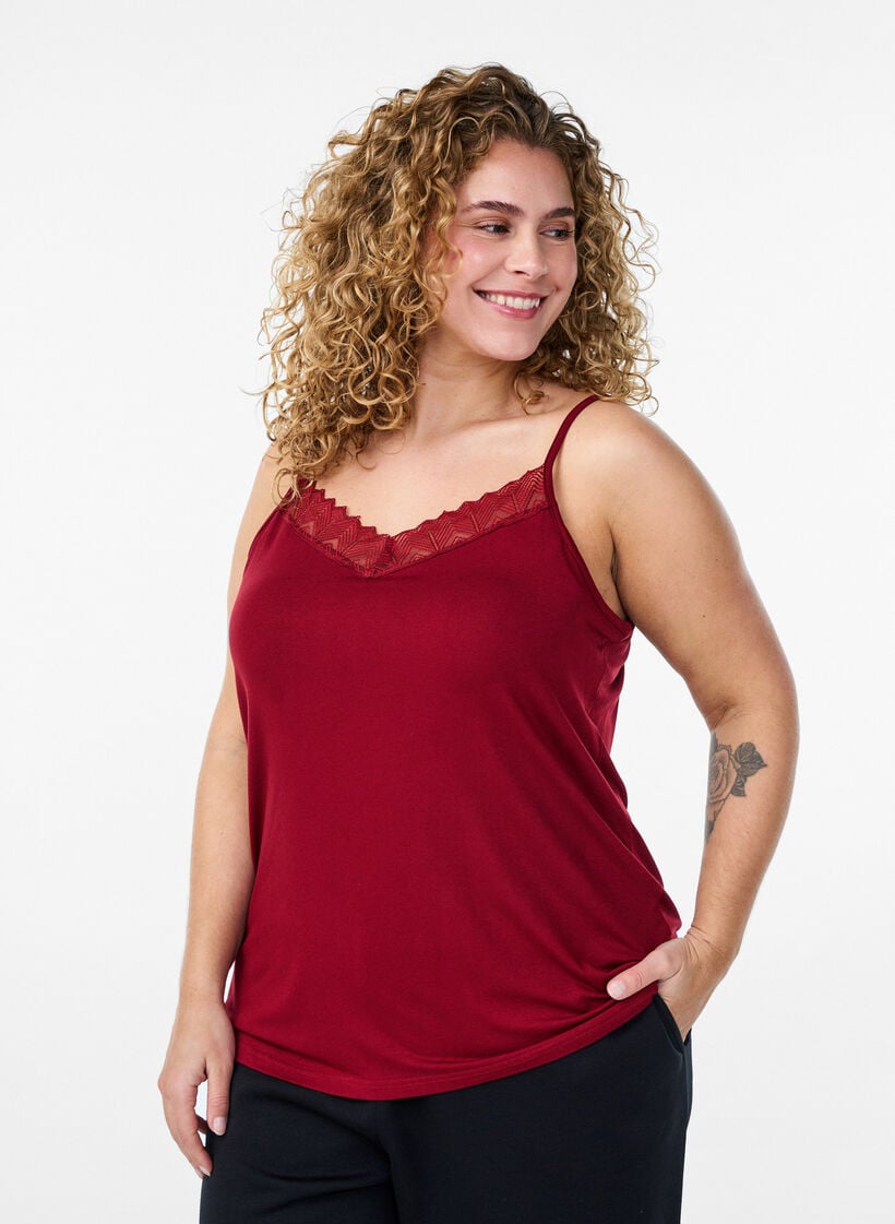 Top mit Spitzendetails und Spaghettitr&auml;gern, Braun, Model image number 0