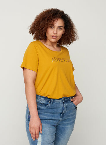T-Shirt aus Baumwolle mit A-Linie und Aufdruck, Harvest Gold, Model image number 0