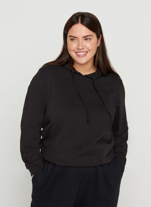 Sweatshirt mit Kapuze und Rippbündchen, Black, Model image number 0