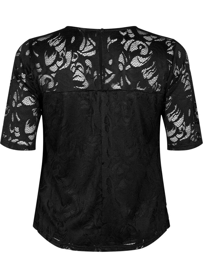Bluse mit Spitze und kurzen Ärmeln, Black, Packshot image number 1