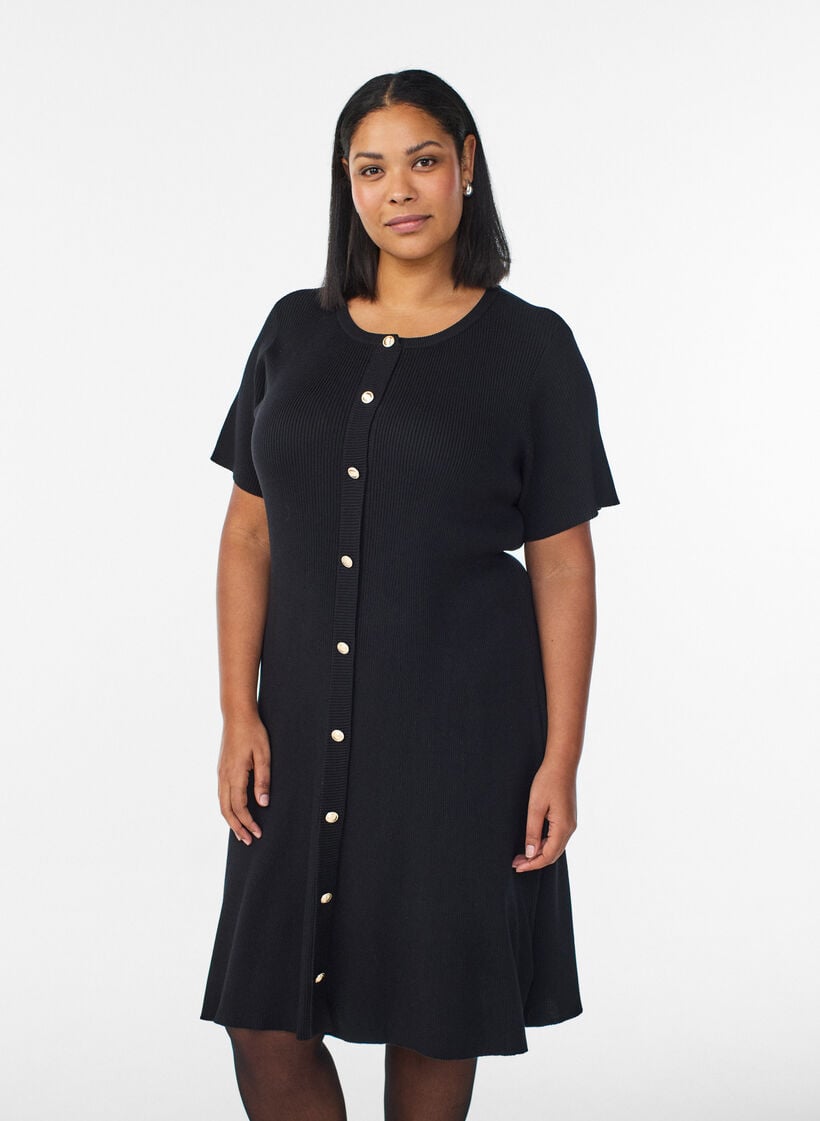 Geripptes Kleid mit Zierkn&ouml;pfen und kurzen &Auml;rmeln, Schwarz, Model