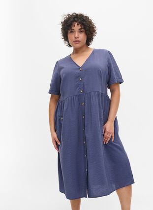 Kurzarm Kleid mit Knöpfen und Taschen, Nightshadow Blue, Model image number 0