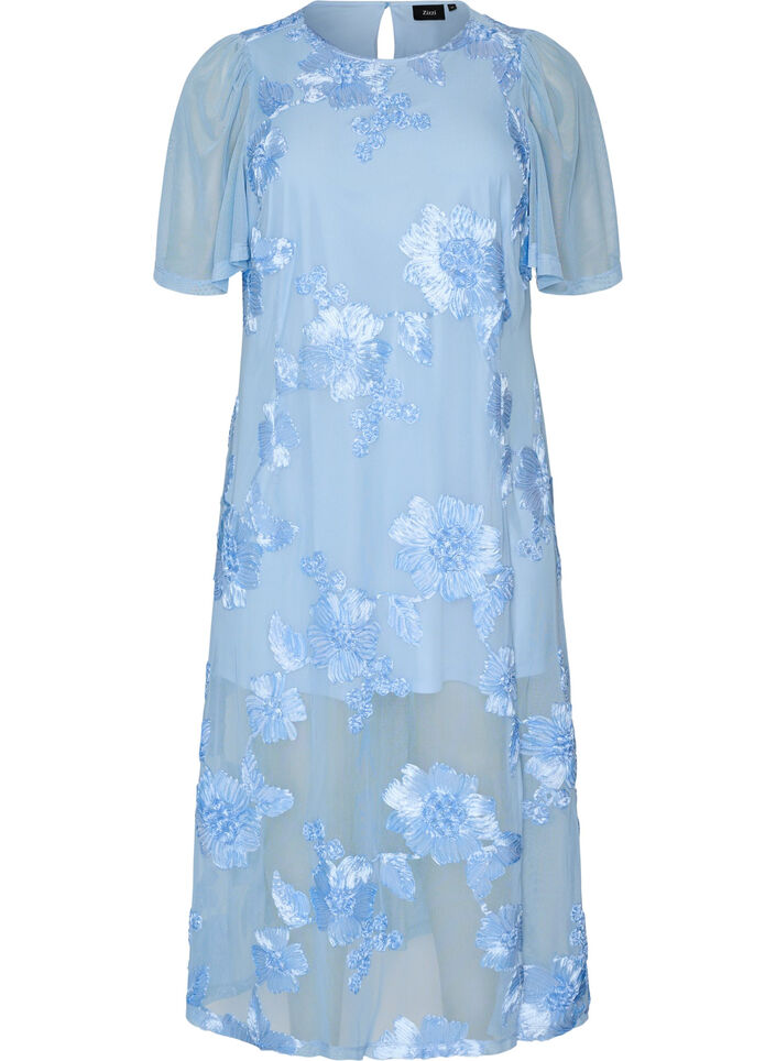 Mesh-Kleid mit floralen Applikationen, Blau, Packshot image number 0
