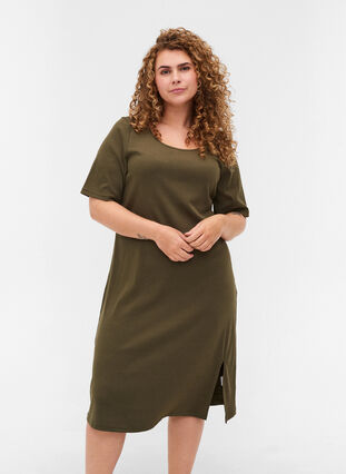 Kurzarm Kleid aus Ripp, Ivy Green, Model image number 0