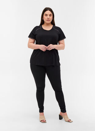 Kurzarm T-Shirt aus Baumwolle mit Nieten, Black, Model image number 2