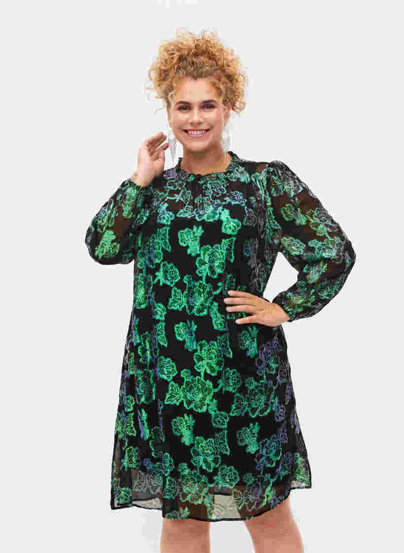 Blumiges Viskose-Kleid mit Lurexstruktur, Black w. Green Lurex, Model
