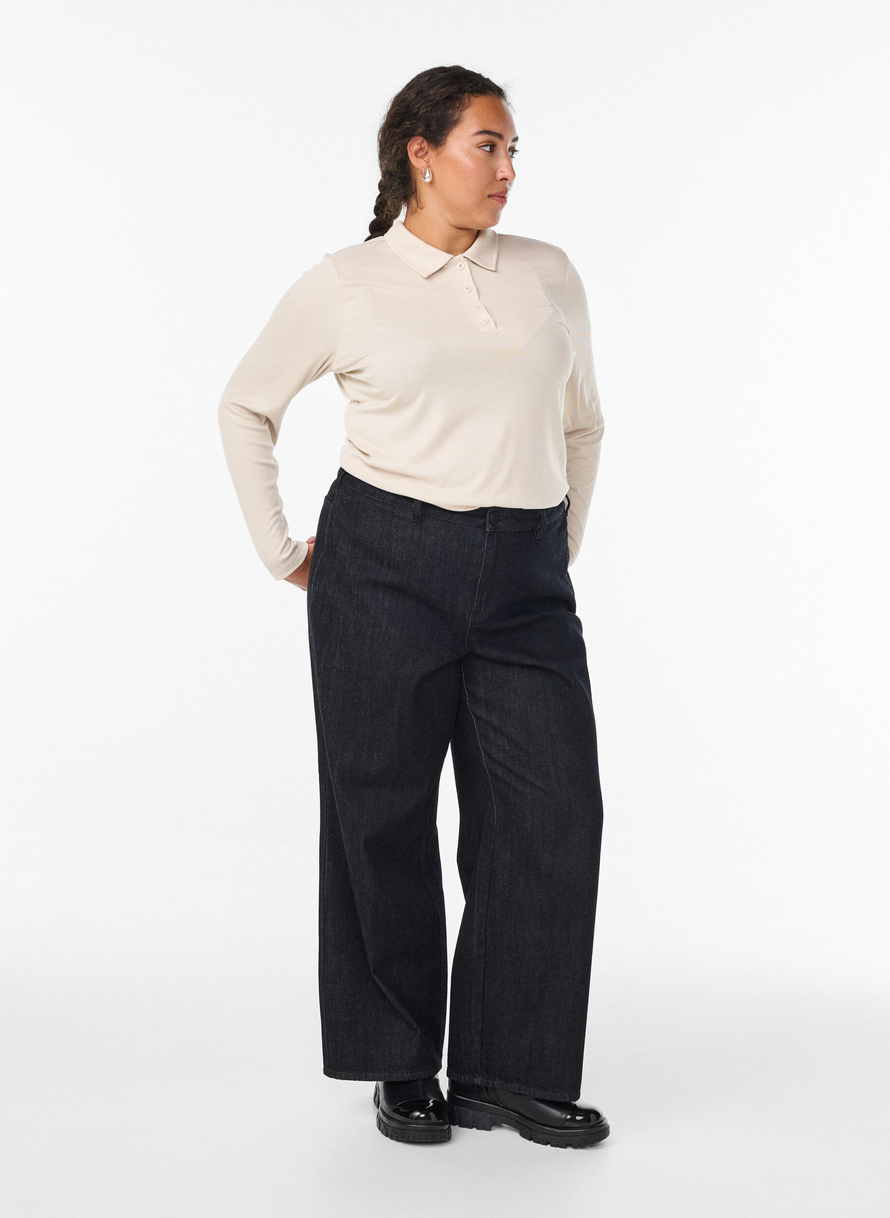 ZizziPoloshirt aus weichem Ripp mit langen &Auml;rmeln, Beige, Model image number 1