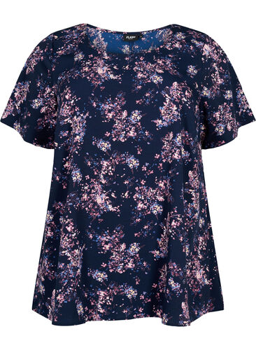 FLASH - Bluse mit kurzen Ärmeln und Print, Navy Rose Flower, Packshot image number 0