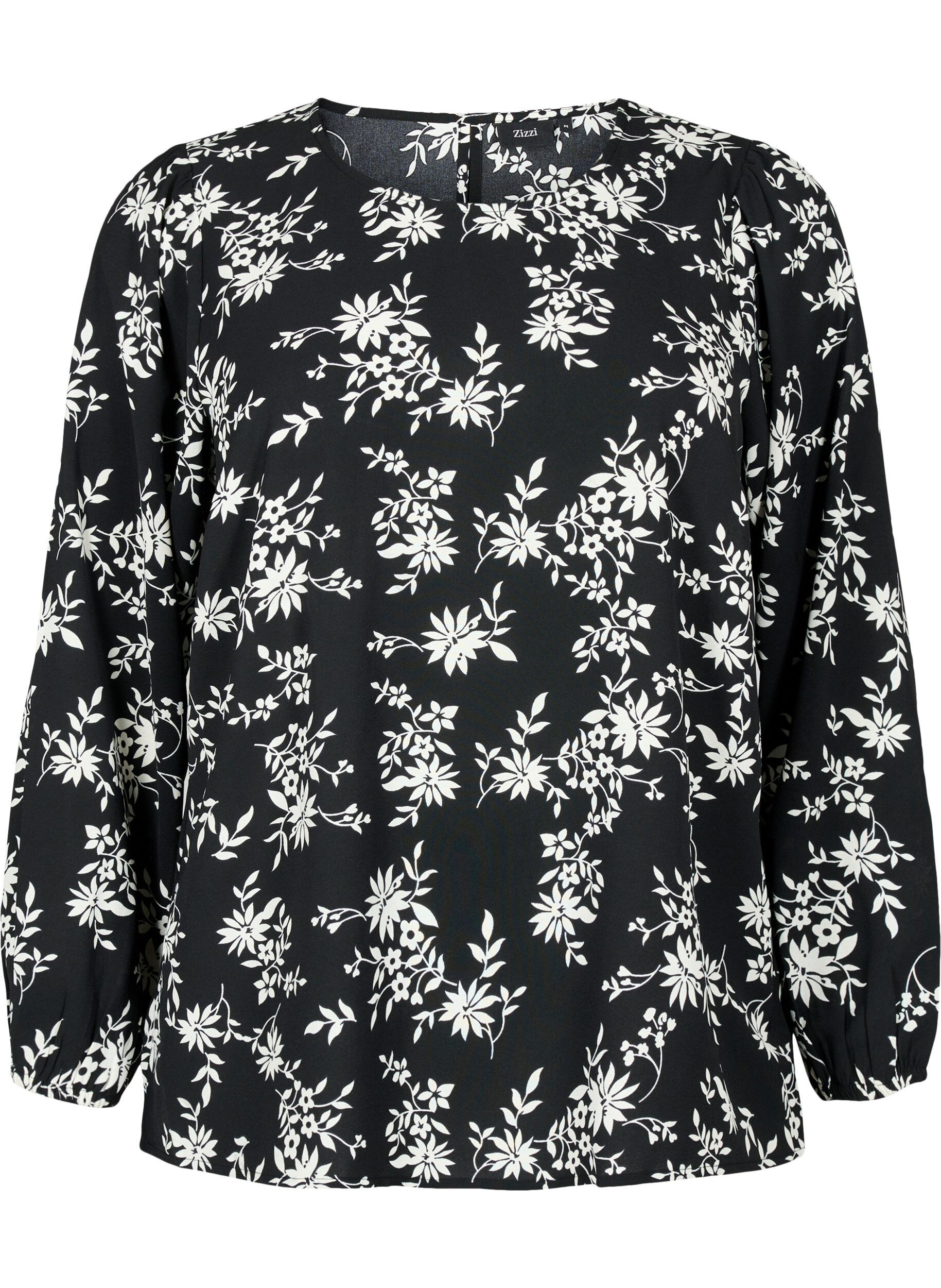 ZizziBluse mit Puff&auml;rmeln, Black Flower AOP, Packshot image number 0