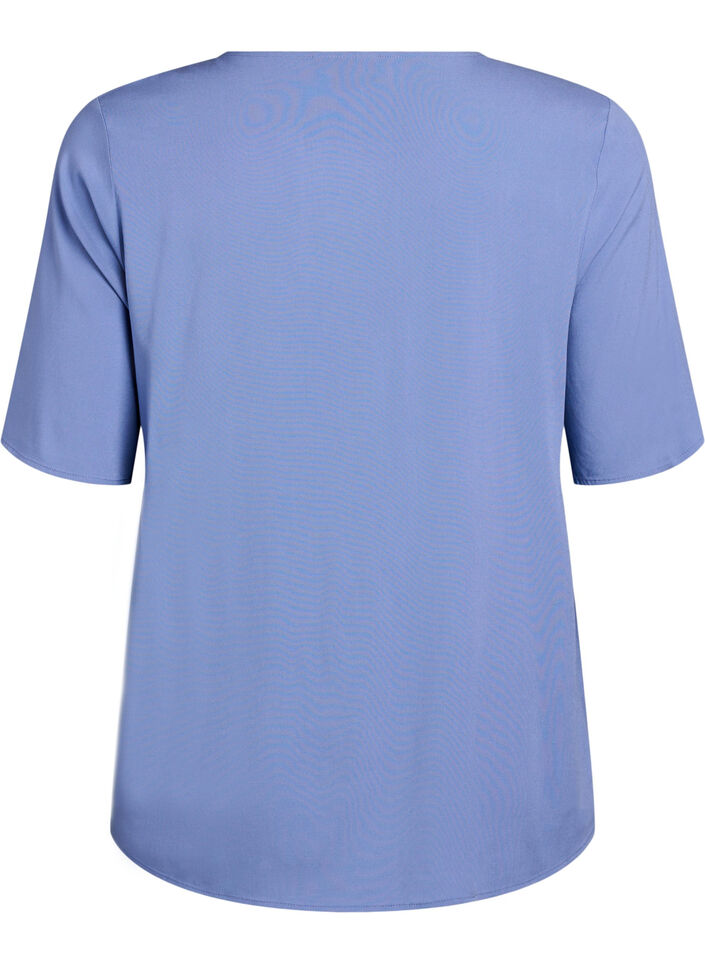 Kurz&auml;rmelige, gewebte Bluse mit Rundhals, Blau, Packshot image number 1